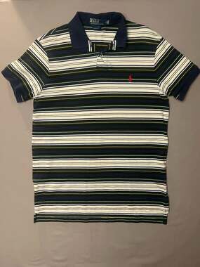 Polo Ralph Lauren Men Custom Fit Blue Multicolor Stripe Red Logo Shirt Large L